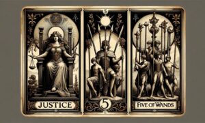 Justice and Five of Wands