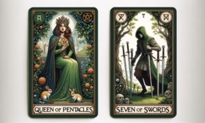 Queen of Pentacles and Seven of Swords