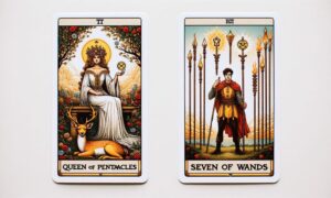 Queen of Pentacles and Seven of Wands