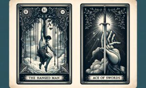 The Hanged Man and Ace of Swords