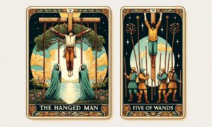 The Hanged Man and Five of Wands