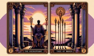 The Hierophant and Three of Wands
